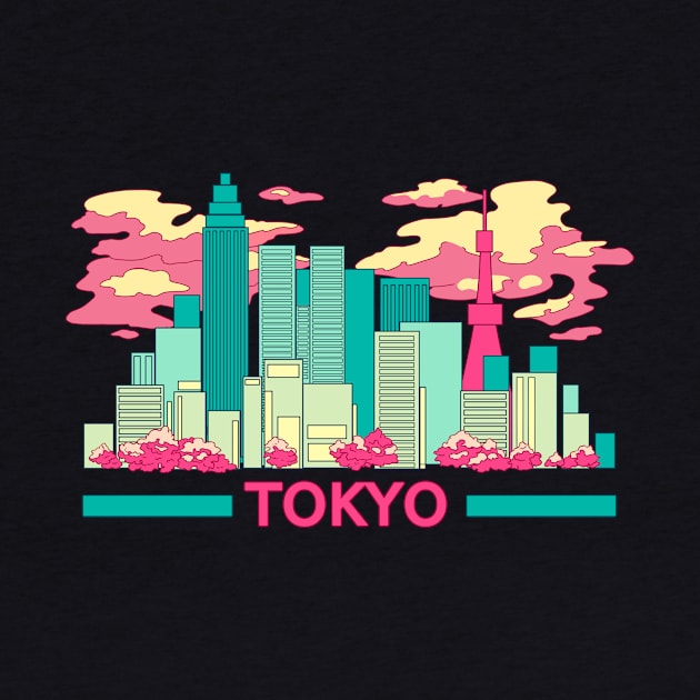 The colorful Tokyo skyscrapers and the cherry blossom on the black background by AnGo